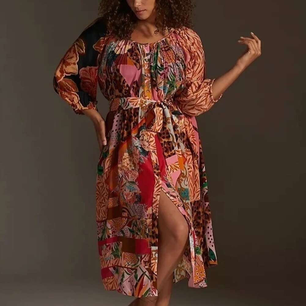 Anthropologie x Geisha Designs Collage Colorful Button Down Midi Shirt Dress